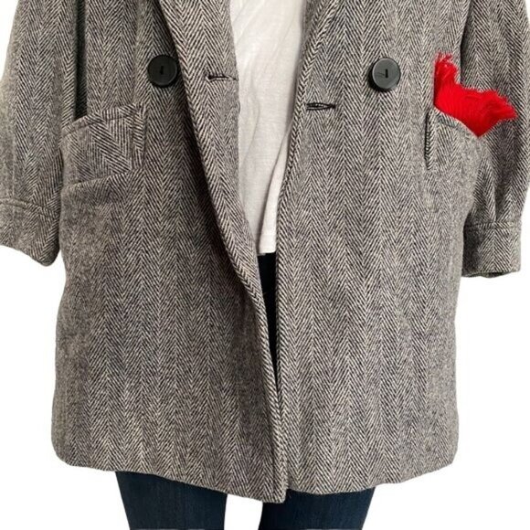 Herman Kay Vintage Pea Double Breasted Coat With Red Scarf Herringbone Tweed Siz - Picture 6 of 15
